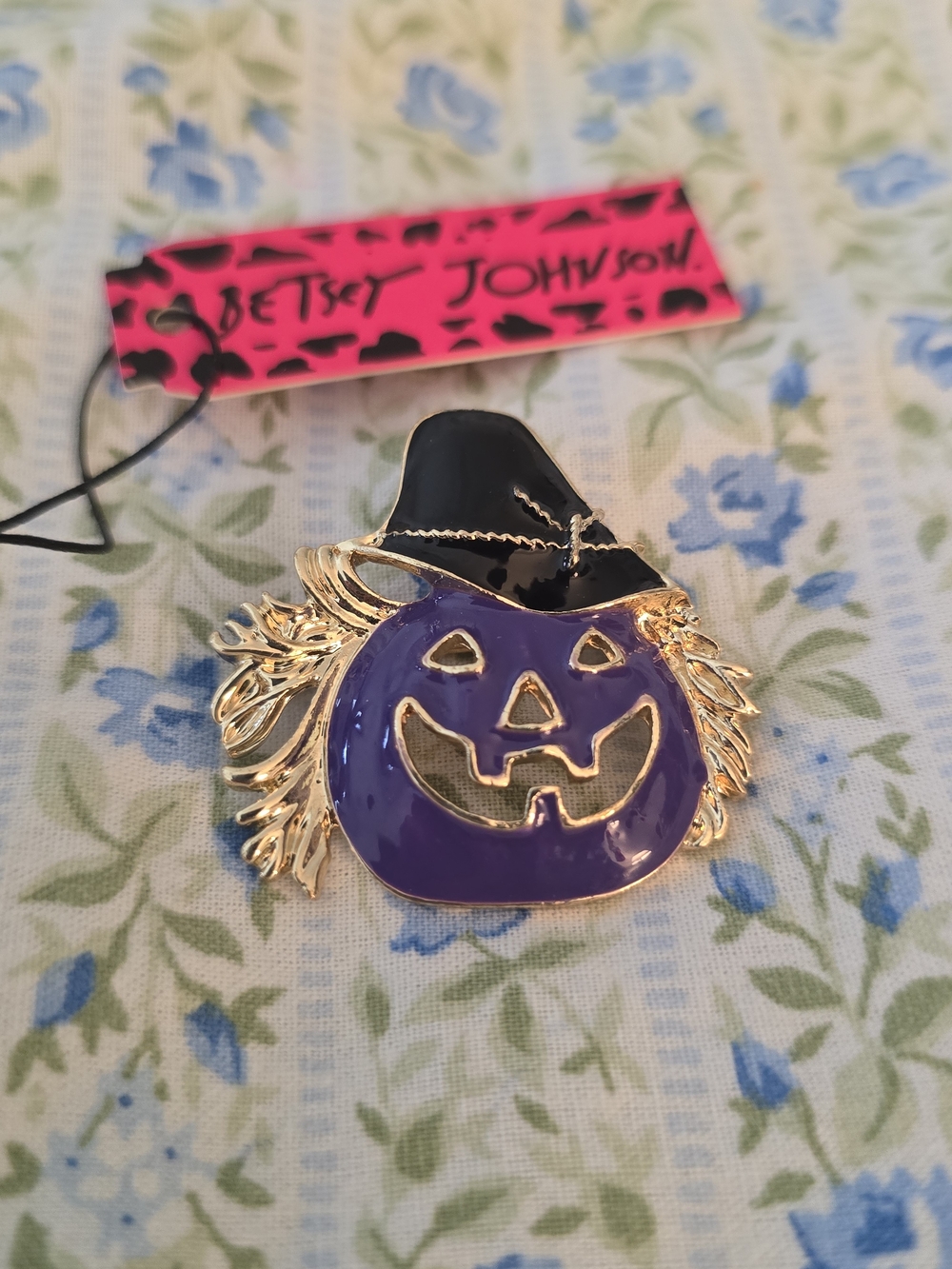 Betsey Johnson Purple Pumpkin Pin with Black Witch Hat and Gold Trim